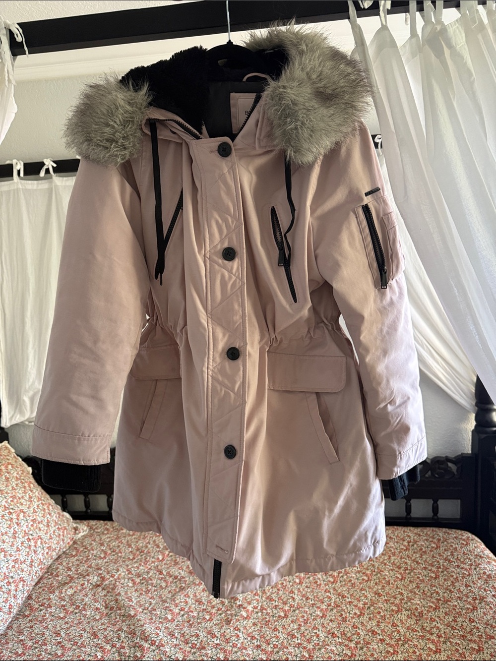 BCBGeneration Blush Pink Puffer Coat with Faux Fur Hood